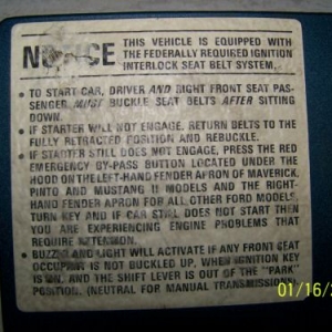 Seatbealt interlock instructions and switch