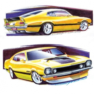 113 67119 Large Driving Impressions 1972 Ford Maverick Grabber Art Drawn View